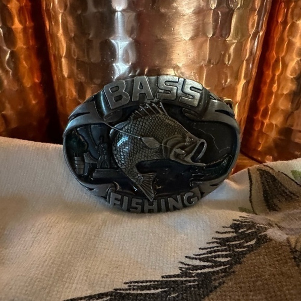 Bass Fishing belt buckle. Almost 4 inches wide. About 3.75 & three inches tall.